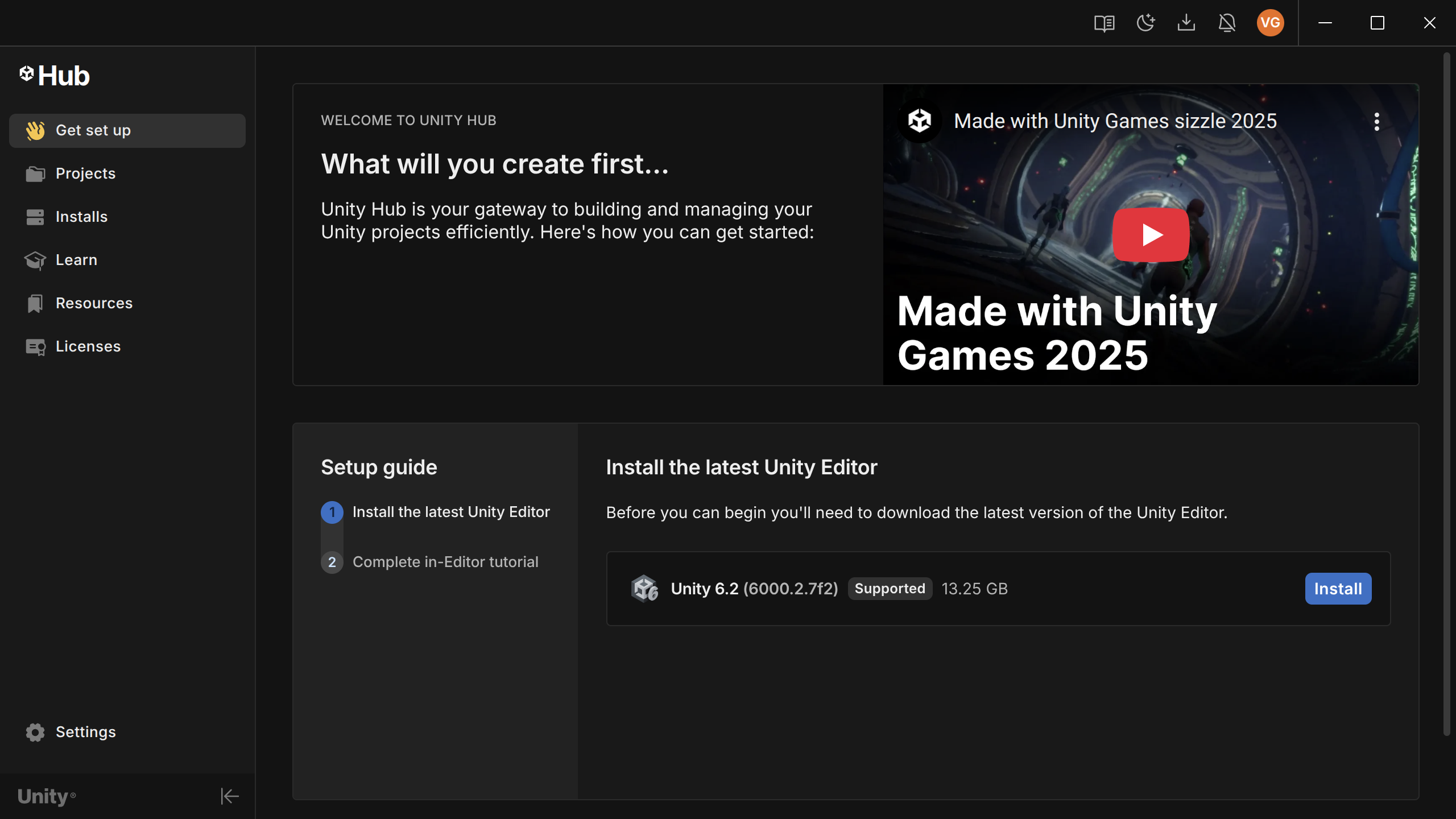 Unity Editor Home Page