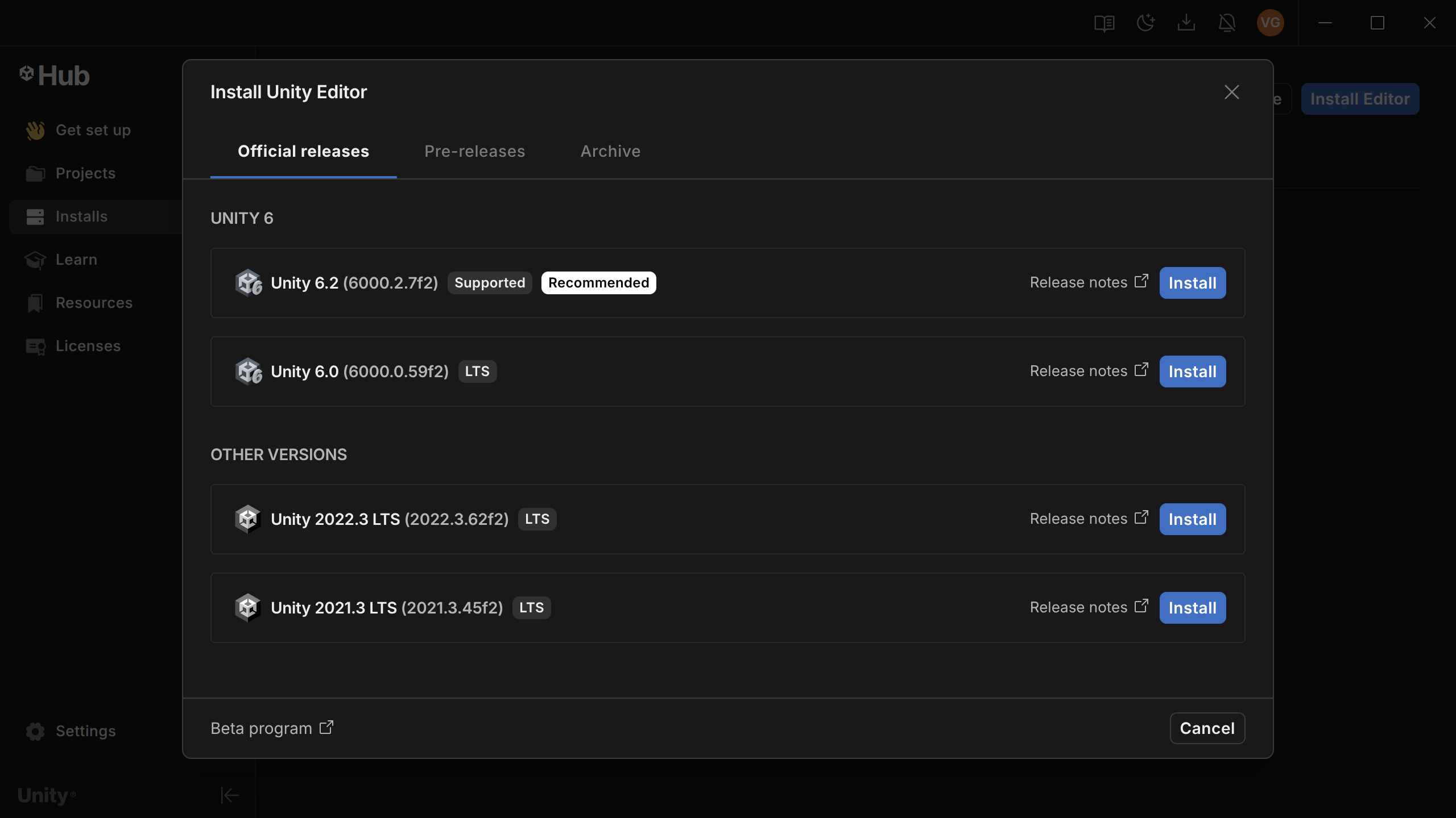 Unity Editor Home Page